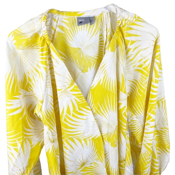 ASOS Yellow Palm Print Plunge Kimono Top V Neck Wrap Puffy Sleeve Blouse Size 2 - Picture 6 of 11